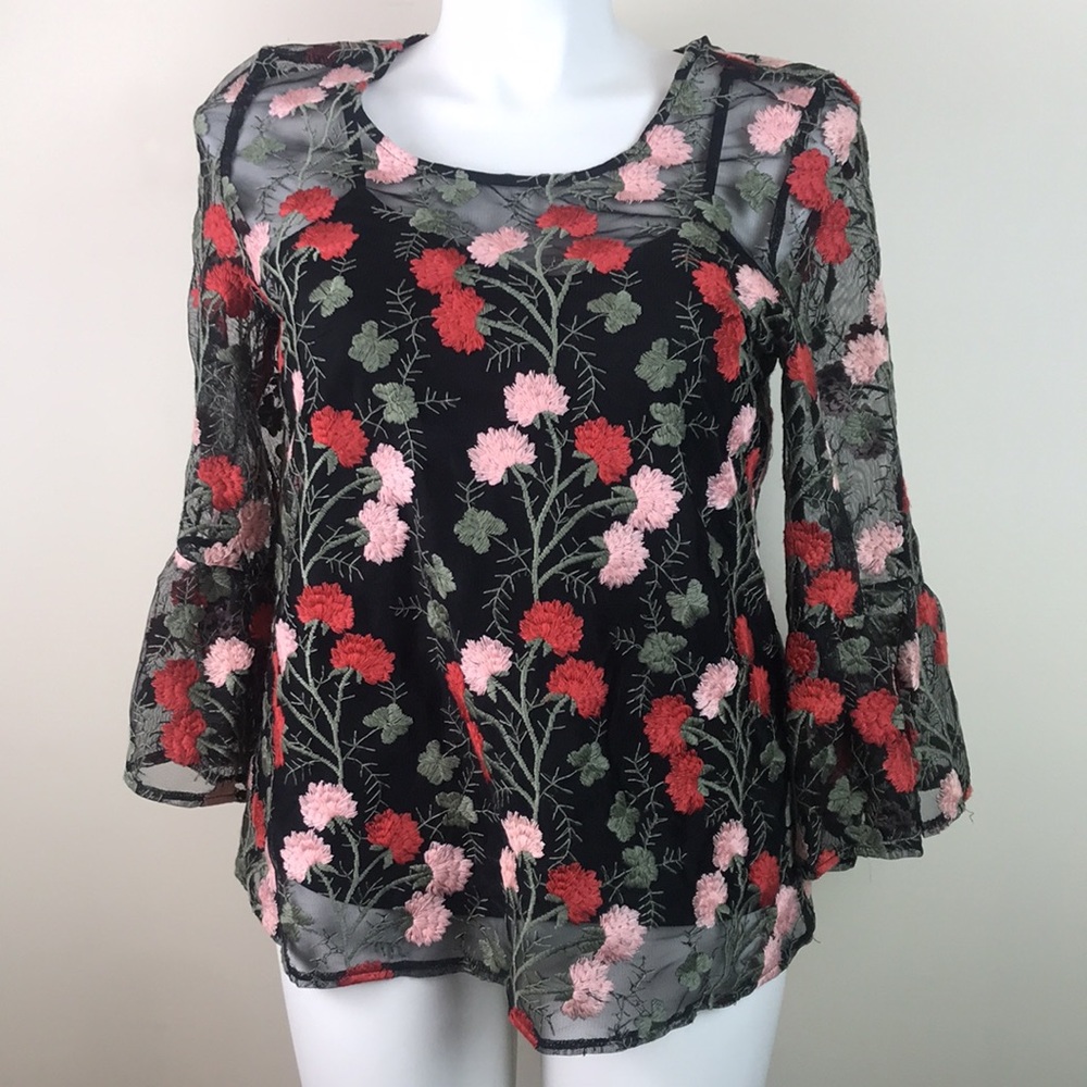 Solitaire Bell Sleeve Top Floral Embroidery Sheer